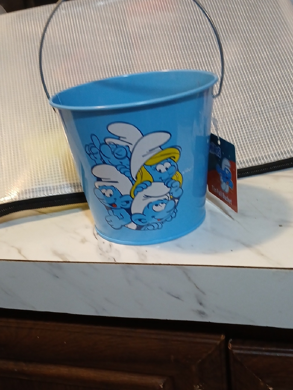 Smurfs Light Blue Kids Metal Bucket with Cartoon Print